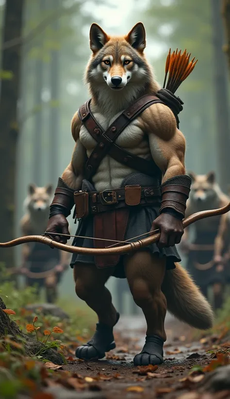 In cinematic 3D style, HD image, realistic image, colourful image.
Character,A muscular body big wolf with bright brown ears, holding a bow and arrows The wolf is wearing a leather harness, belt, and armguards, exuding a heroic and adventurous vibe and bla...