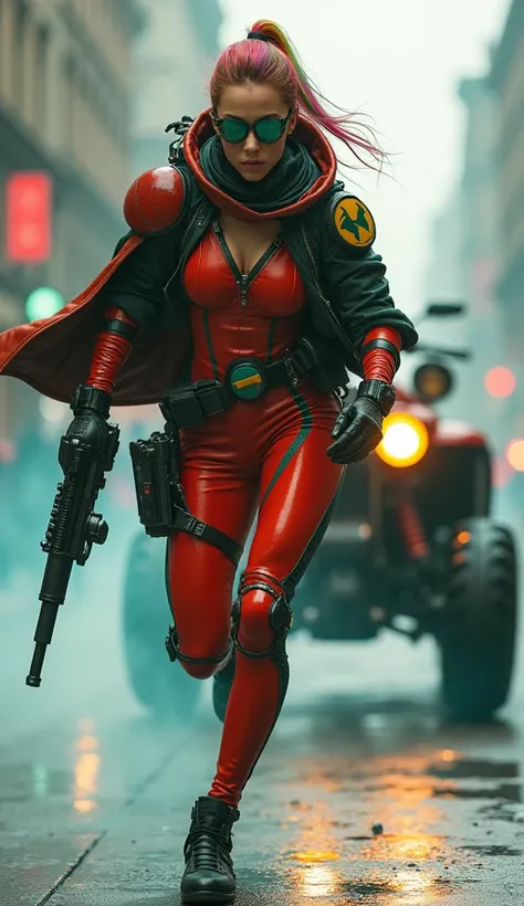 A cyberpunk and futuristic colorful crimson and emerald green based rider suit with a protector equipped with a luminous organ, a leather cloak with a colorful emblem, a slender young and beautiful woman with excellent proportions, Cyber. sunglasses, rainb...