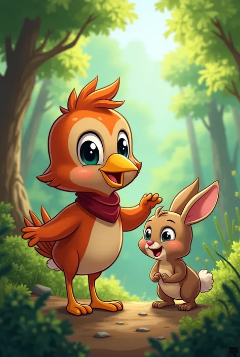 Design a colorful thumbnail featuring Chirpy the sparrow with a bright smile, helping the baby rabbit in the thorny bush, set against a vibrant forest background. Use bold text like "Brave Little Sparrow!" for emphasis.