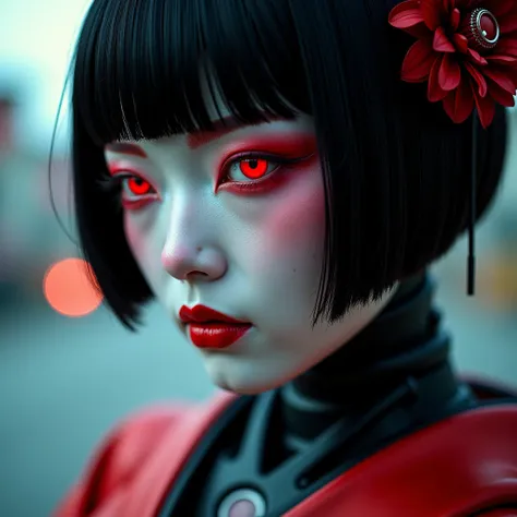 Professional photo, created with a Hasselblad H6D-100c and HC 400mm lens.

Ghost in the Shell-inspired robot geisha, (cybernetic face:1.4), dystopian cyberpunk setting, (red geisha makeup), high-quality image, 4k, 8k, HD, UHD, sharp focus. 

Cinematic shot...