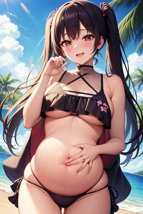 Pregnant Belly Japanese Anime Belly Belly Button Sexy  Little Big Bikini Swimsuit Beach Exquisite Standing Ten Months Old Pregnant Belly Holding Belly Slim Body Full Of Mothers Love Laughing Brilliant High Resolution,