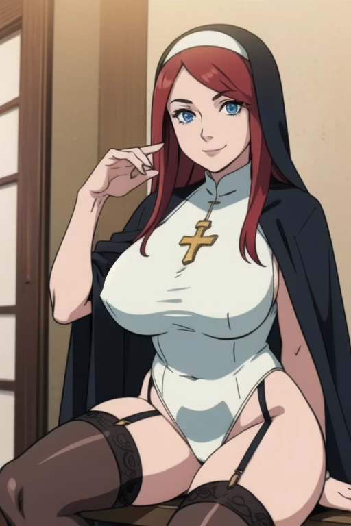 Kushina, long hair, red hair, blue eyes, mature female, large breasts, traditional nun, leotard, black leotard, cross, frill, garter straps, stockings, smile