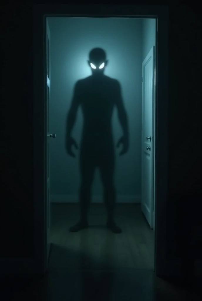 Scene 4: The Shadow Appears

Prompt:
"A dark, menacing shadow in the shape of a humanoid figure appearing in the middle of a dimly lit room. The figure is translucent and glowing faintly, with empty, glowing eyes. The atmosphere is thick with dread, and fa...