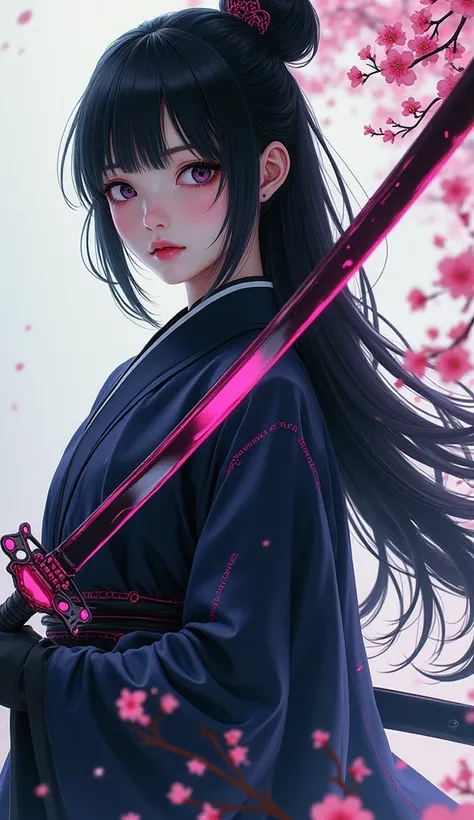 A photorealistic cinematic portrait of a determined young samurai-onmyoji hybrid named “Akatsuki Rei,”
wearing a futuristic black-and-indigo kimono coat with faint watercolor ink patterns at the hem,
subtle neon pink circuit lines on the sleeves,
long blac...