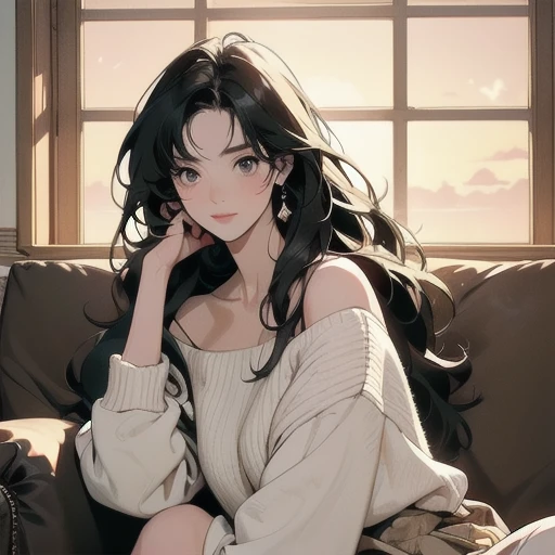  bright living room 、 In the background, you can see the sunset at the seaside through a large window 、 A woman sitting on a white fluffy sofa 、Delicate drawing、 high image quality、 Her long wavy black hair is fluttering in the wind 、Big bright eyes、Very n...