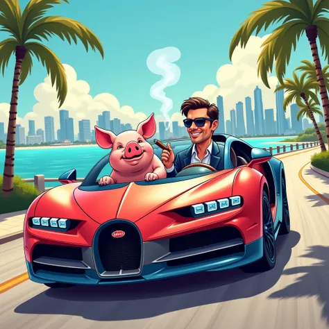 Pig in a Bugatti with man holding a cigar driving in miami background cartoon skecth