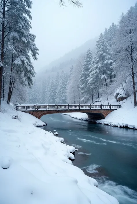 A short and wide bridge where the bridge itself and its surroundings are covered with snow and the river is frozen and the river is covered with snow and the length of the bridge is about 14 meters and the bridge has no slope and the camera is on the left ...