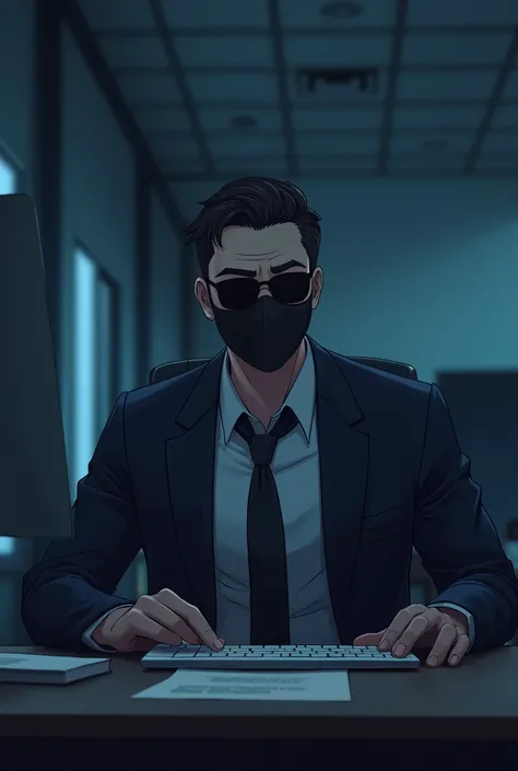 ANIME FRIENDLY LOOKING MALE BUSINESS CHARACTER WHO IS WEARING A BLACK FACE MASK,  AND SUNGLASSES. HE IS SITTING BEHIND HIS COMPUTER IN HIS OFFICE, ARMS ON HIS DESK. IT IS NIGHT. THE ROOM HAS VOLUMETRIC
LIGHTING. HE IS FRONT FACING TO THE CAMERA, LOOKING ST...