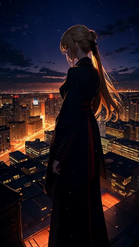 １people々々々々々,Blonde long hair woman，  long coat，       dress silhouette，  Back posture     ，       anime style  , Take in the night view of the city from the rooftop，Winter Scenery，