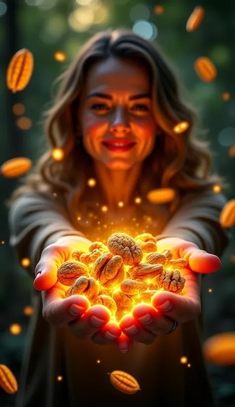 "3D micro-glowing image of a variety of nuts—almonds, walnuts, cashews, and pistachios—hovering in mid-air, each glowing with vibrant golden and green energy. A confident woman holds a handful of glowing nuts, surrounded by swirling particles of light symb...