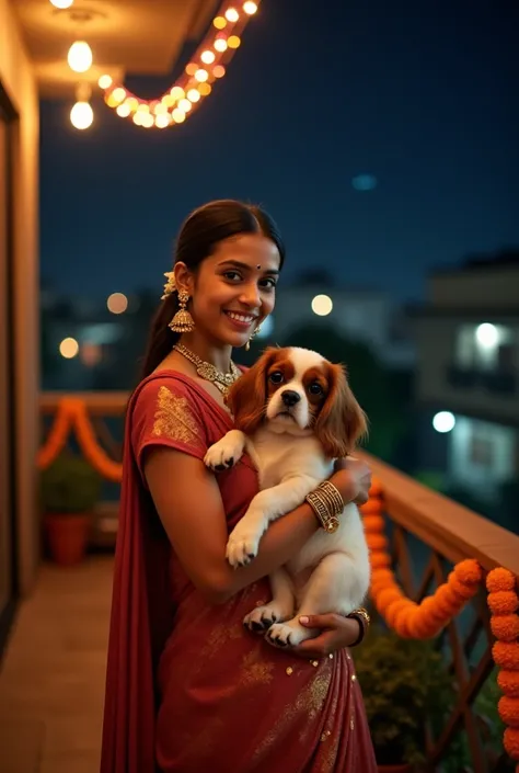 A young woman in elegant traditional Indian attire, wearing intricate gold earrings and a matching bracelet, is standing on a decorated balcony at night, gently holding a Cavalier King Charles Spaniel in her arms. She is standing with her left side facing ...