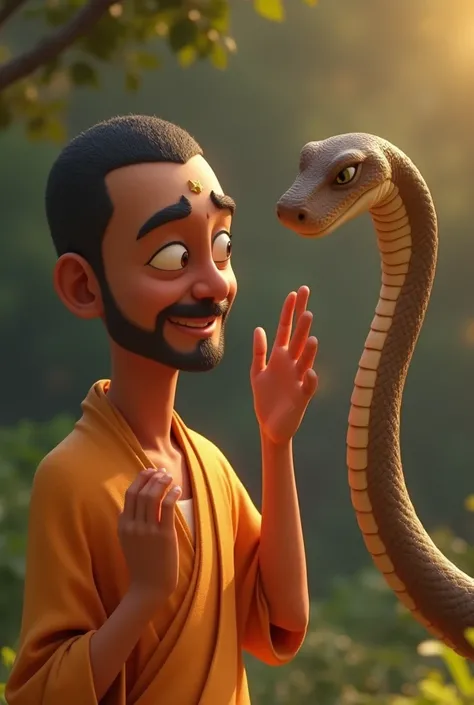 in cinematic image 3D cartoon style 

Mahavira Speaking to the Snake
Mahavira gently speaking to the snake, his hand raised in a gesture of blessing. The snake’s posture changes from aggressive to calm, indicating its transformation