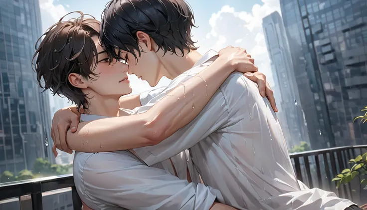 
 High Building,  masterpieces ,  very high resolution, pair, 2 men, 、slender、Short hair、brown、Short hair,  black hair、 wet white shirt、Upper part, Hug each other