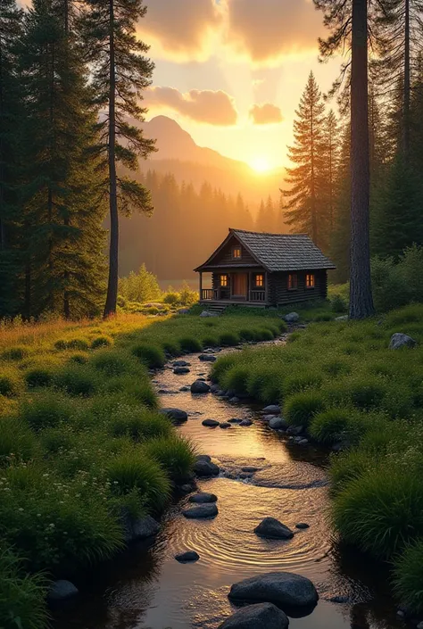 there is a small cabin in the middle of a forest with a stream running through it, stunning nature in background, setting in nature, nature in all its beauty, sunset in a valley, really beautiful nature, very very very beautiful scenery, warm beautiful sce...