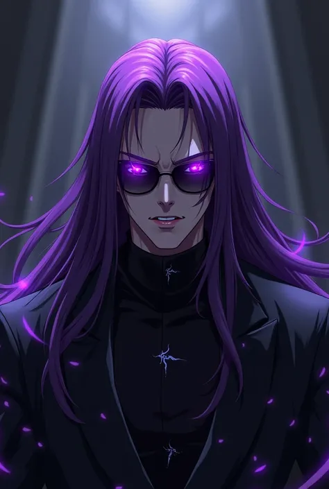 Anime style + Long purple hair + purple eyes with star pupils + male + man + boy + evil + with sunglasses + villain