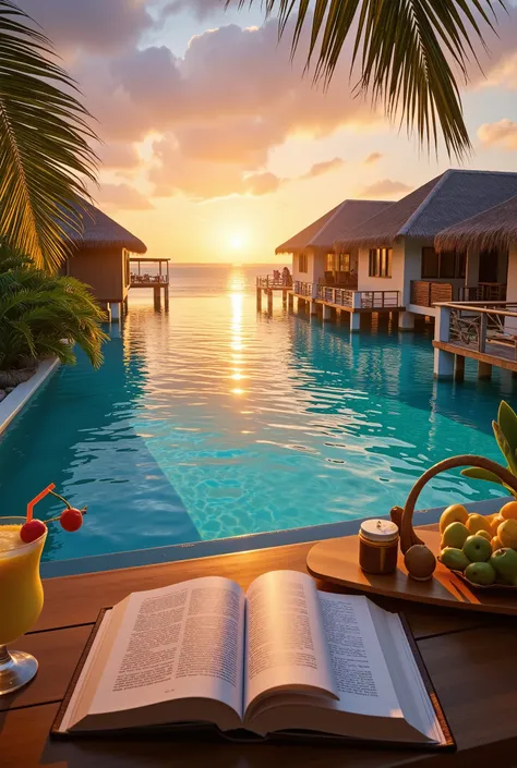 A cinematic view of an ultra-luxurious tropical resort at sunset, surrounded by crystal-clear turquoise waters and lush, vibrant greenery. The scene features a stunning infinity pool seamlessly blending into the horizon, reflecting the golden and pink hues...