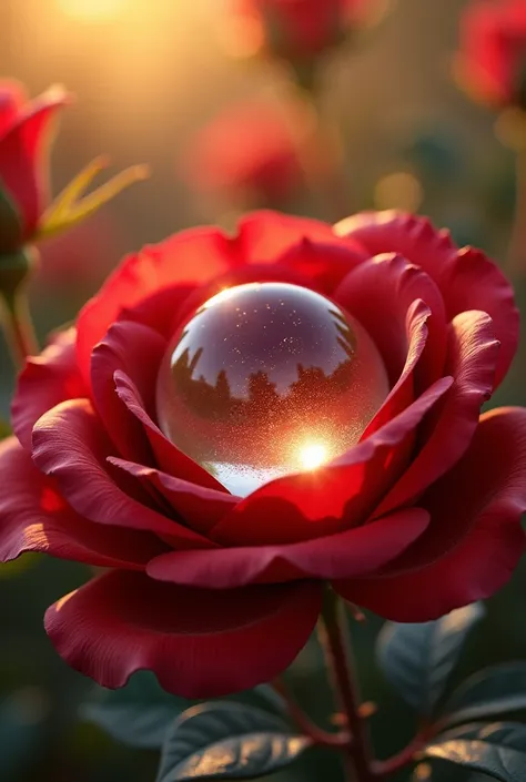  Creates a transparent and shiny crystal bell,  inside a soft red rose , shines with the rays of the sun  