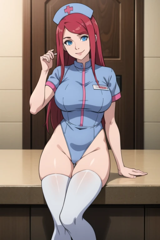 Kushina, long hair, red hair, blue eyes, mature female, large breasts, pink nurse leotard, nurse cap, white tights, smile