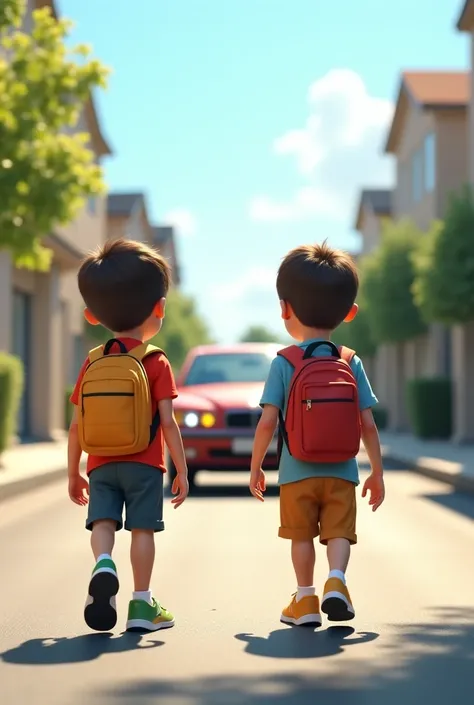 A boy going to school with their friend and them accident with a car 