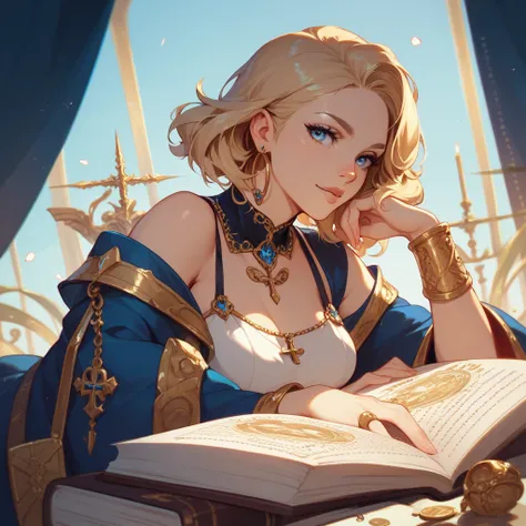  Barbaras appearance is short , , With ash hair and blue eyes.  On her side there is a gold-decorated spell book with a light blue cover with a small cross,  attached to a black strap , fastened with a gold hoop .