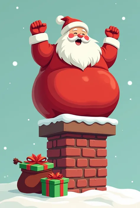 t-shirt design of Fat Santa perches on a red brick chimney, depicted in a simple. The chimney is covered by a rounded brown top. Santa wearing red clothes. The chimney is topped by Santas flabby belly. Santas arms are raised and his hands are clenched into...