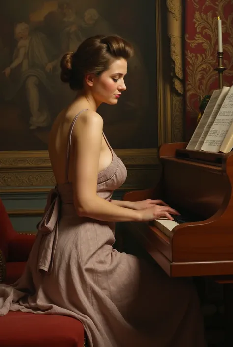 A beautiful portrait of a woman playing piano, wears a backless dress, England, Victorian area, pretty and passionate, highly detail, 8k