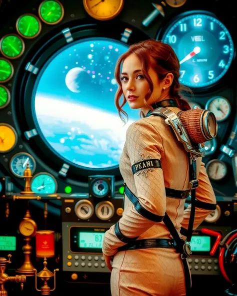 A steampunk-inspired futuristic scene aboard a retro-styled spaceship. A young woman stands in a well-lit, futuristic cabin filled with brass instruments, glowing dials, and ornate mechanical screens. She is wearing a light, open spacesuit with intricate, ...