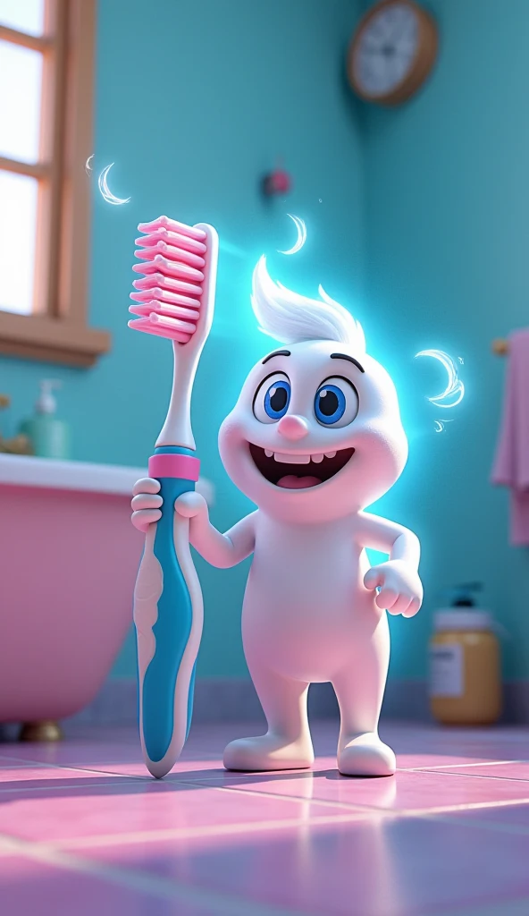 A toothbrush with Pepsodent toothpaste, focusing on strengthening teeth, with a glowing effect on the teeth.
Generate in cinematic 3d cartoon style