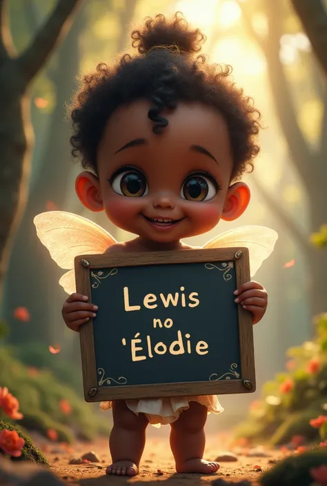 Magical love message written on a slate held up by a black baby who talks about Lewis and Élodie