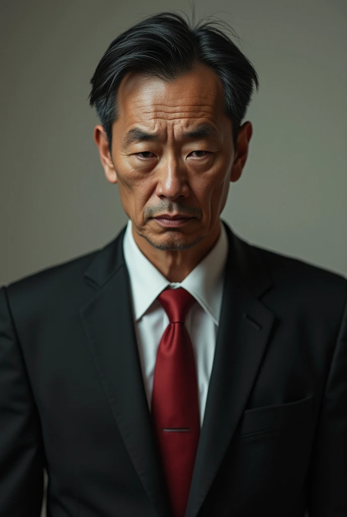 Asian men age 30 years old, sad expressions, wear black suite, white shirt, red tie, medium shot