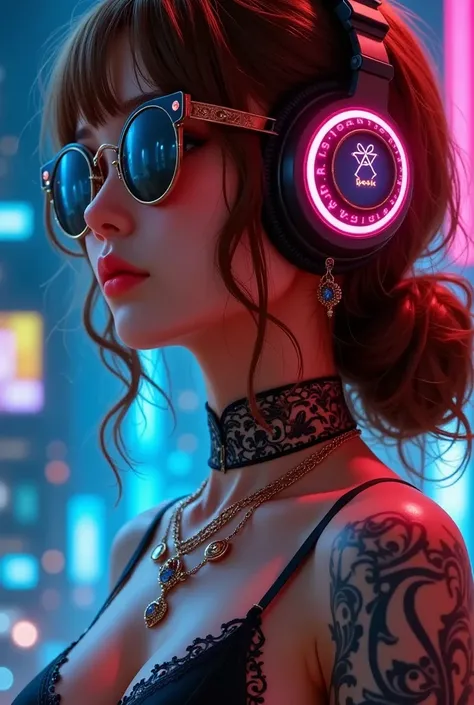  brown hair  .   beautiful woman with curly hair and sunglasses wearing large headphones、  using large headphones - earpiece or surround 、 Room of Darkness 、Cyberpunk neon at night  、 full body neon glow coordinator