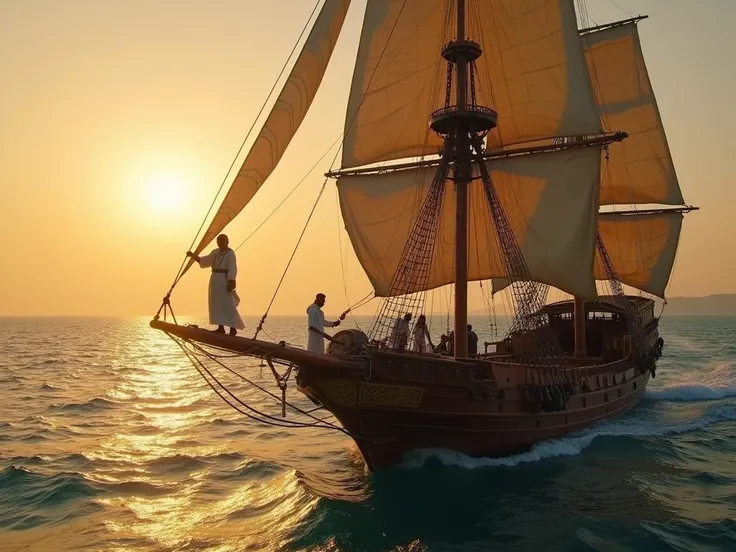 Create an engaging video featuring Ibn Battuta as the central character, depicted in traditional attire that reflects his status as a renowned 14th-century traveler—part explorer, part trader. Show him journeying across vast oceans aboard a majestic wooden...