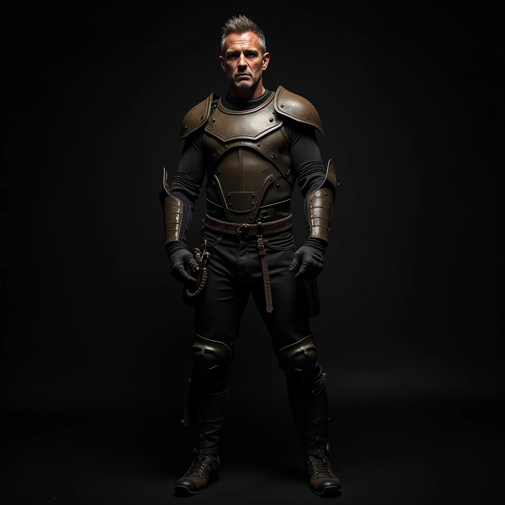 young Kevin Michael Costner, post-apocalypse, man, punk, post-apocalypse armor, post-apocalypse, man, punk, post-apocalypse armor, face, cinematic lighting, solo, posing for gravure photography, A full-length man, dark background,