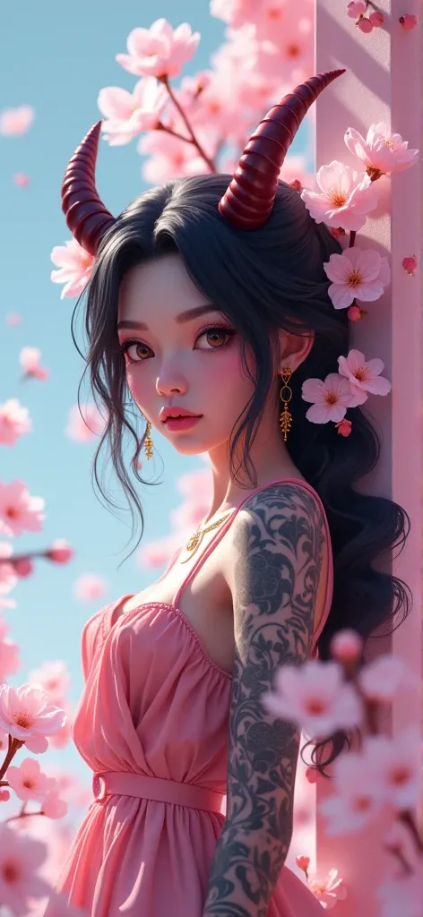  Woman with horns , Sakura flowers, tattoos, seductive, profile, 3d anime cartoon style 