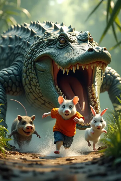 A huge crocodile is chasing a mouse in an orange t-shirt and a white bunny and a fat hog