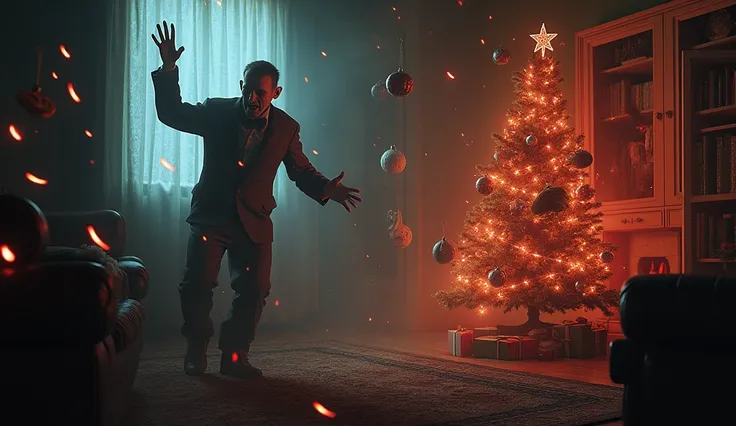 A haunted room erupts into chaos as sinister holiday decorations come to life. Twisted ornaments, their grotesque designs now animated, hurl through the air like deadly projectiles. The walls pulsate with an eerie, otherworldly energy, shifting and distort...