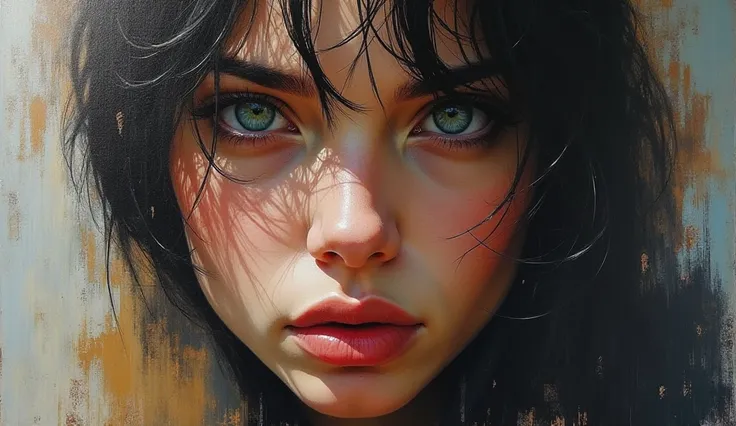 a woman&#39;s face.  An incredibly detailed matte painting ,  with rustic brushstrokes and striking textures ,  technique inspired by Stephen Gammells styles , Pino Daheny, Jeremy Mann, Alex Maleev e Carne Griffiths. Resolved in 16k ,  with oil on canvas ,...