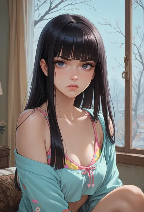 1girl, annoyed expression, pastel colores pajama topped crop, DARK HAIR, hime cut, looking at viewer, livingroom back. (Slim Body), portrait. (NIGHT:1.4)