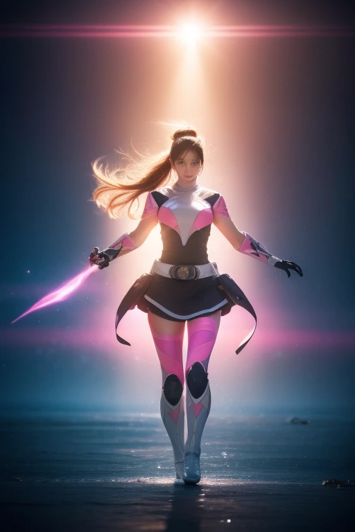 Evil Super Squadron、 pink theme ， pink ranger costume、 top quality ,masterpiece,Genuineistic, professional , bright colors,超微細なPainting, portrait,Anime Big ,Photogram,Number Art, fantasy art, 3d graphics , legs up like in a movie _illumination,strong_rim_l...