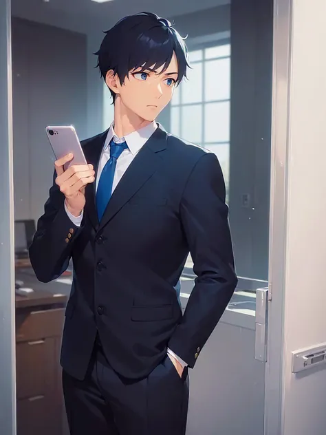 (holding a phone:1.3), side angle, (looking away:1.5), inside office room, masterpiece, best quality, Japanese manga style, upper body, (25 year old male) and (short black hair) and (blue eyes), (suit:1.5) and (blue tie), (sirious:1.3), alone, standing,
