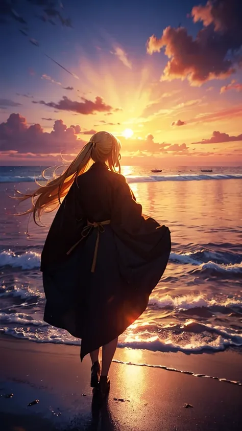 １people々々々々々々々々々々々々々々,Blonde long hair woman， long coat，  dress silhouette，  rear view，  anime style,  evening ，sunset， Beach ，