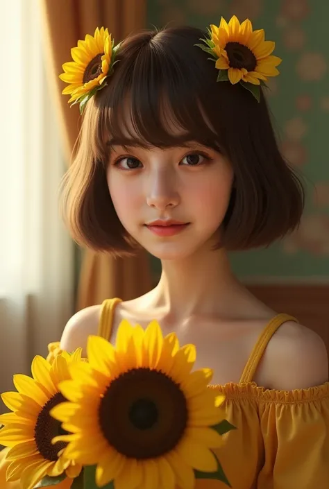 A pretty teen girl, cheerful, realistic, smile, naughty girl,pale white skin, bob haircut, silk smooth light brown hair, wearing a yellow princess lolita dress, holding sunflowers, sunflowers on hair, high quality, ultra-detailed, masterpiece, cinematic li...