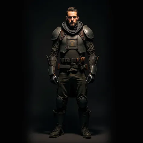 A young man, face - young Kevin Michael Costner, post-apocalypse, man, punk, post-apocalypse armor, post-apocalypse, man, punk, post-apocalypse armor, face, cinematic lighting, solo, posing for gravure photography, A full-length man, dark background,