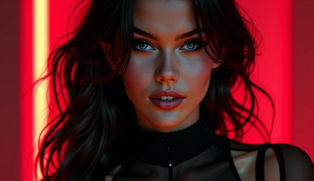 face close up, Hyperrealist portrait Beautiful 19 year old girl, shes wearing a crop tight top high technology elements and thin cyberpunk panties, Dark hair, big beautiful dark eyes, soft skin, plump lips, instagram chick, sexy pose, majestic look, dark a...