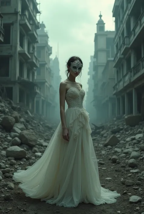 a girl standing in the center of destructive buildings with a gown and mask on her face and give a mysterious look in her eye