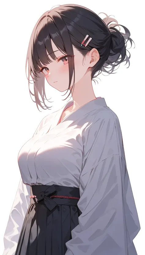  1 girl, solo,  high res,  blush,  black hair,  high res, accurate,  anatomically correct ,  top quality ,  High Definition Model ,  very detailed,  textured skin ,  shortcuts,  black hair,  big breasts,  blush,  simple background, anime,  Japanese illustr...