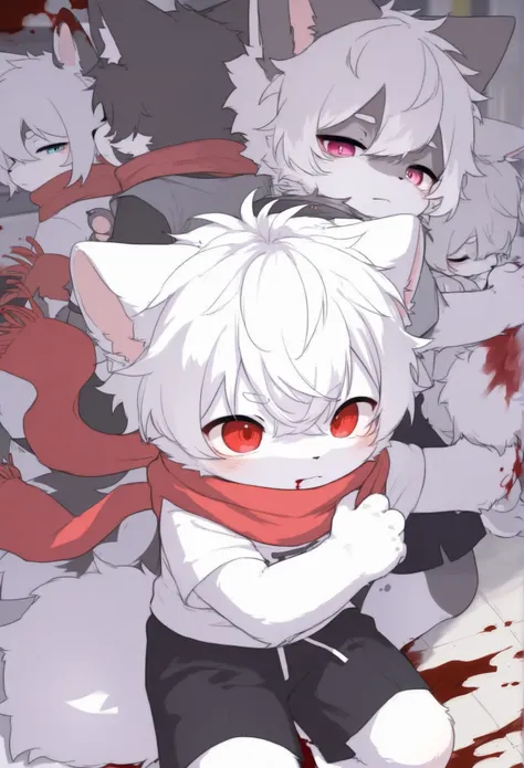 Bunny Boy，furry boy， toddlers， white hair，Red scarf， shorts，Short sleeve，Blood