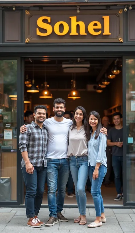 "A modern, thriving business setup. Sohel, now more confident and successful, is standing in front of a larger shop or office with a clean and professional look. The sign with his brand name is clearly visible. His family is with him, smiling and content. ...