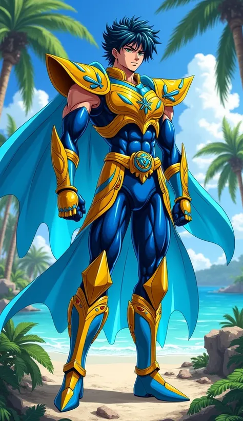 Imagine a character from the Saint Seiya cartoon, with armor and clothes that are in the colors of the flag and elements inspired by the Bahamas. The characters appearance should be in accordance with the natives of the country and the environment can be i...