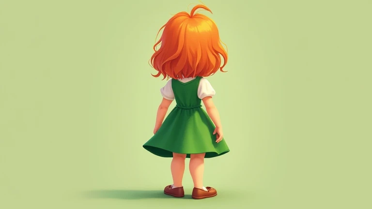 little Hansel green dress, full body, backview, cartoon